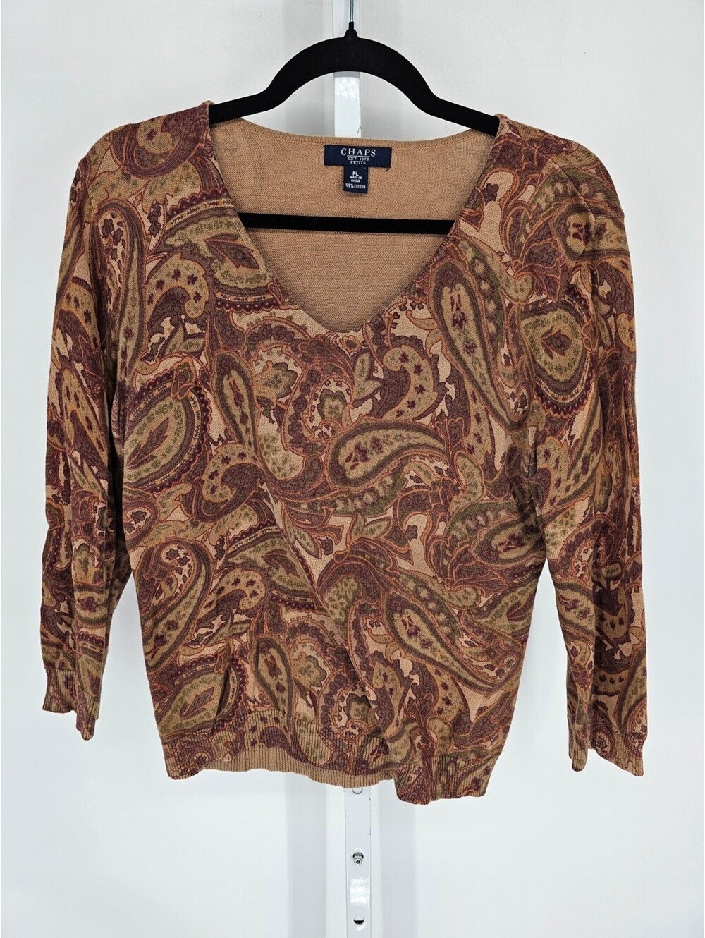 Chaps Womens Sz PL Petite Long Sleeve V Neck Knit Top Brown Paisley Print Cotton